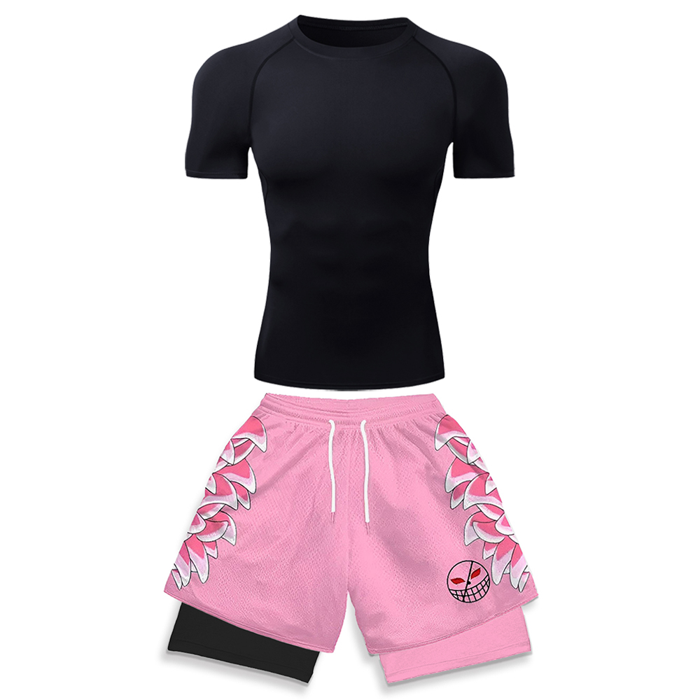 Running Gear For - 高弾性ワークアウトウェア男性用ホワイトコンプレッションTシャツ＆ピンク3Dグラフィックプリントランニングショーツアニメジムジョギングウェア